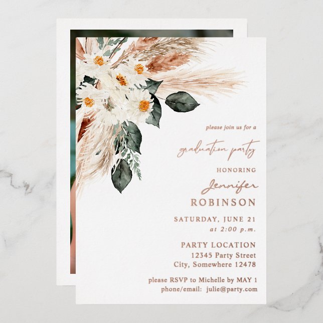 Boho Copper Pampas Floral & Photo Graduation Party (Front/Back)