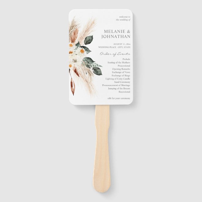 Boho Copper Pampas Floral Wedding Ceremony Program Hand Fan (Front)