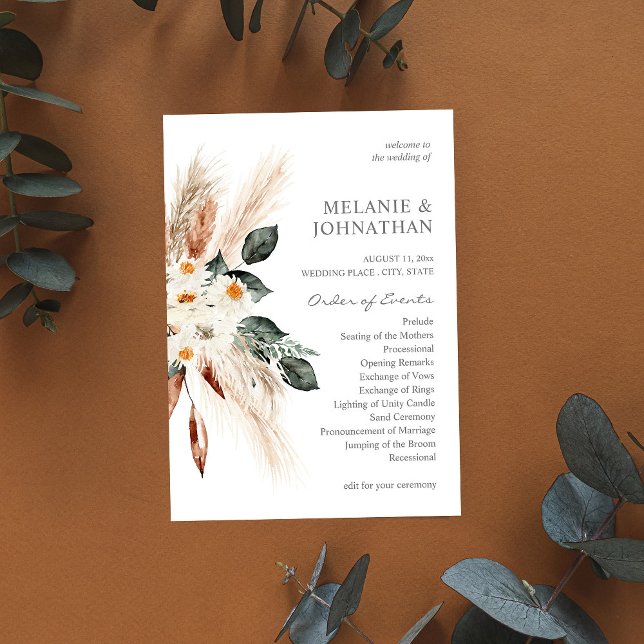 Boho Copper Pampas Floral Wedding Ceremony Program Invitation (Creator Uploaded)