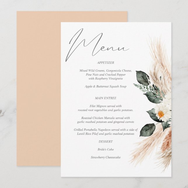 Boho Copper Pampas Grass & Beige Floral Menu Invit Invitation (Front/Back)