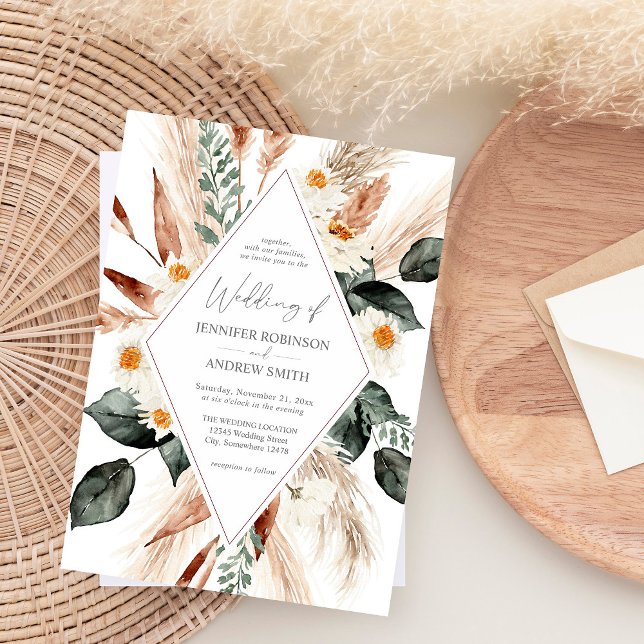 Boho Copper Pampas Grass & Beige Floral Wedding Invitation (Creator Uploaded)