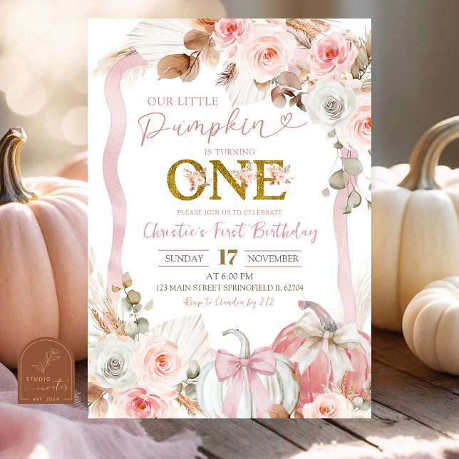 Boho Coquette Pink Pumpkin 1st Birthday Invitation (Creator Uploaded)