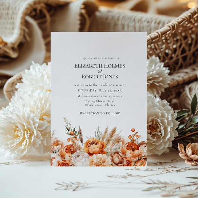 Boho Coral and Peach Dry Flowers Wedding Invite (Boho Coral and Peach Dry Flowers Wedding Invite on a table with a boho flower bouquet.)