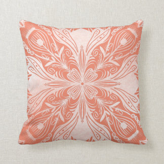 Boho Coral and White Mandala Throw Pillow