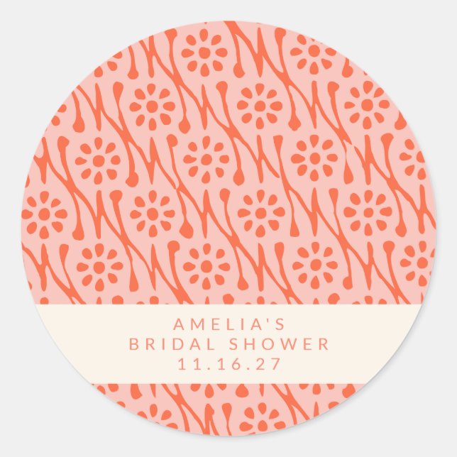 Boho Coral Orange Botanical Flowers Bridal Shower Classic Round Sticker (Front)