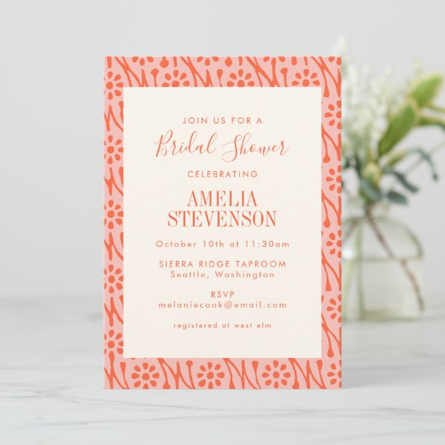 Boho Coral Orange Botanical Flowers Bridal Shower Invitation (Standing Front)