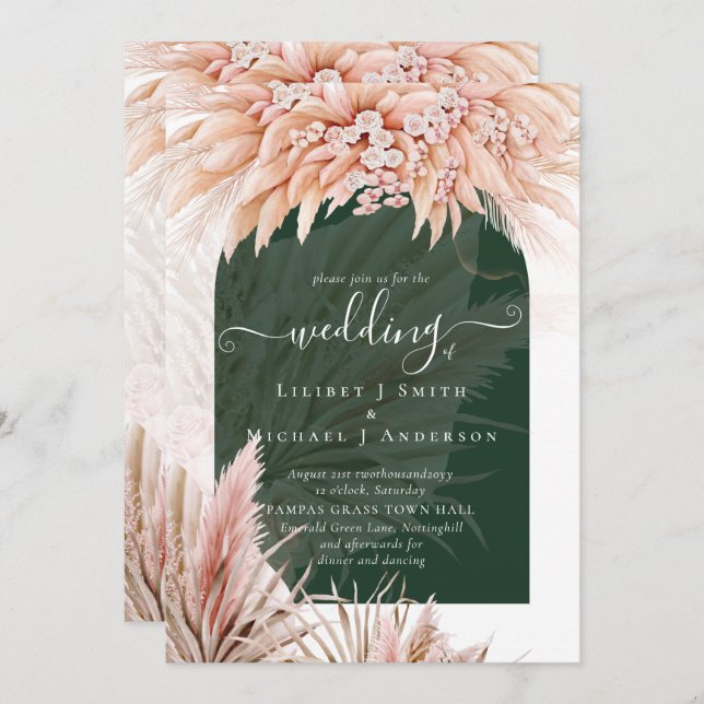 Boho Coral Pampas Grass Green Wedding Invitation (Front/Back)