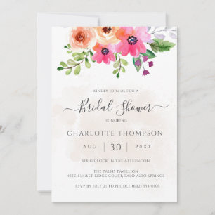 Boho Coral Pink Watercolor Floral Bridal Shower Invitation