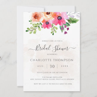 Boho Coral Pink Watercolor Floral Bridal Shower Invitation