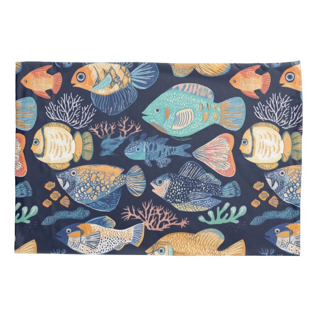 Boho Coral Reef Fish Pattern Pillowcase (Back-Left)