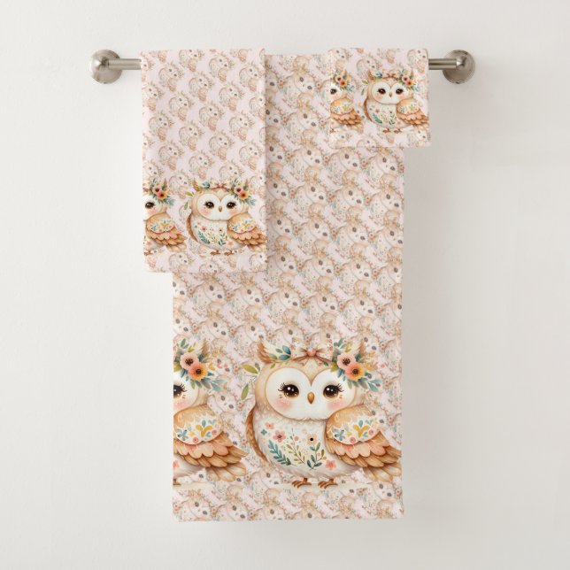 Boho Cottagecore Owl Floral Farmcore Charm Bath Towel Set (Insitu)