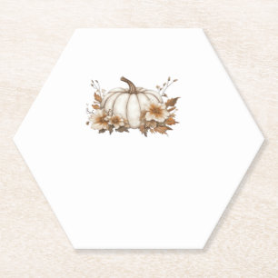 Boho Cottagecore White Pumpkin with Autumn Florals Paper Coaster