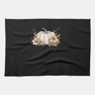 Boho Cottagecore White Pumpkin with Autumn Florals Tea Towel
