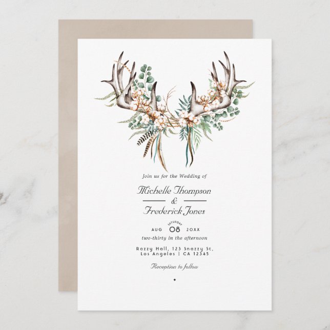 Boho Cotton and Eucalyptus Boho Wedding Photo Invi Invitation (Front/Back)