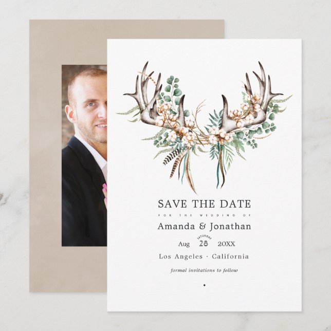 Boho Cotton and Eucalyptus Boho Wedding Photo Save The Date (Front/Back)