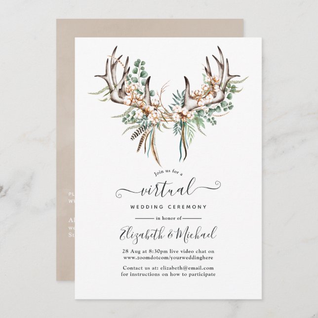 Boho Cotton and Eucalyptus Virtual Wedding Invitation (Front/Back)