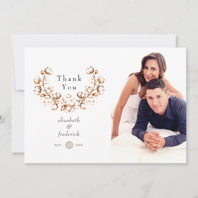 Boho Cotton Wedding Photo Thank You Card (Front)
