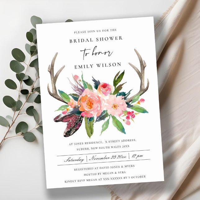 BOHO COUNTRY BLUSH ANTLER FLORAL BRIDAL SHOWER INVITATION (Creator Uploaded)