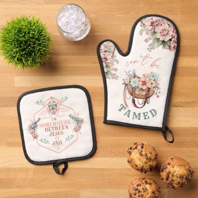 Boho Country girl - Jesus and Jail Funny Oven Mitt & Pot Holder Set (Top Down)