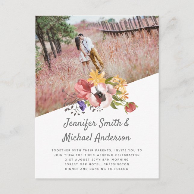 BOHO Country Pink Coral Floral Modern Wedding Postcard (Front)