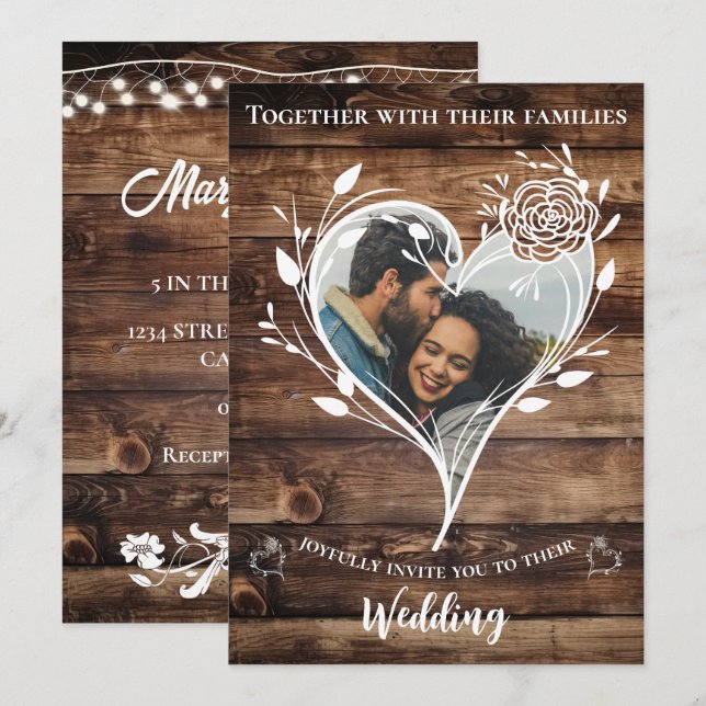 Boho Country Rustic Wood Photo WeddIng Invitation (Front/Back)