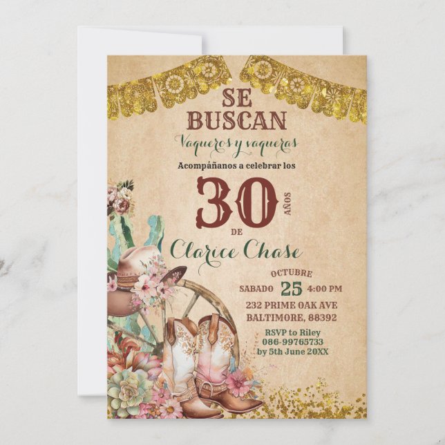 Boho Country Western Floral Cowboy Birthday Invitation (Front)