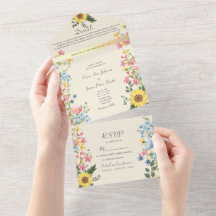 Boho Country Wildflower Wedding All In One Invitation