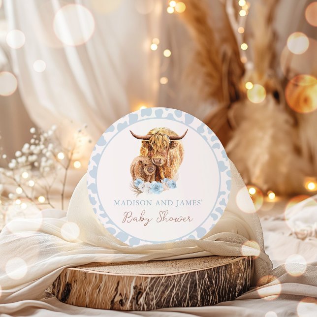 Boho Cow Blue Pampas Grass Boy Baby Shower Favours Classic Round Sticker (Creator Uploaded)