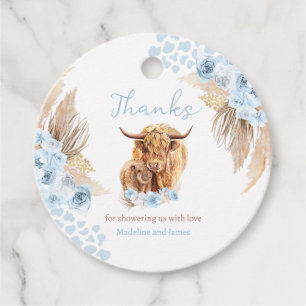 Boho Cow Blue Pampas Grass Boy Baby Shower Favours Favour Tags