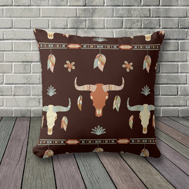 Boho Cow Skull and Feathers Pattern Cushion (Creator Uploaded)