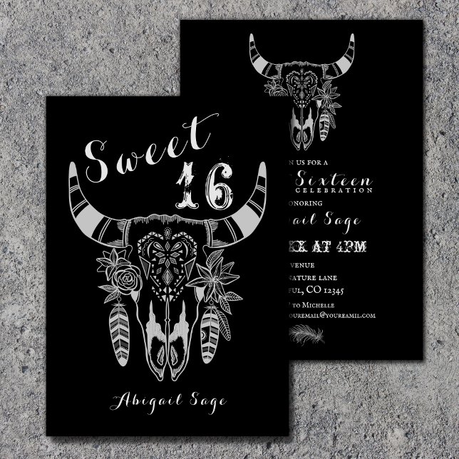 Boho Cow Skull Black and White Sweet 16 Birthday Invitation (Creator Uploaded)