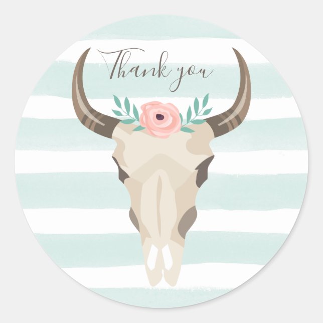 Boho Cow Skull Classic Round Sticker (Front)