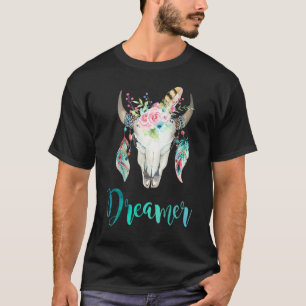 Boho Cow Skull Floral And Feather T-Shirt