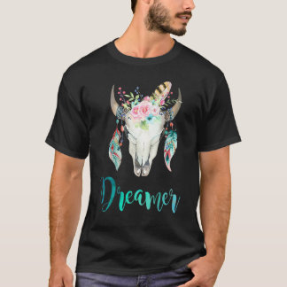 Boho Cow Skull Floral And Feather T-Shirt