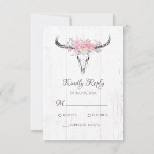 Boho Cow Skull Floral Blush Pink Watercolor Rose RSVP Card