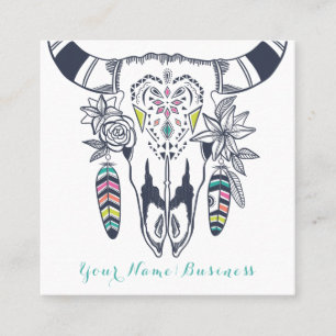 Boho Cow Skull with Turquoise Bohemian Square Business Card