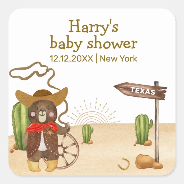 Boho Cowboy Bear Western Rodeo Cactus Baby Shower  Square Sticker (Front)