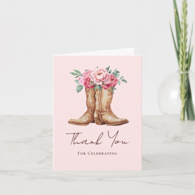 Boho Cowboy Boots and Blush Pink Florals Thank You Card (Front)
