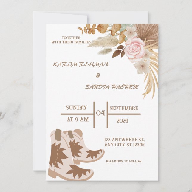 Boho Cowboy Boots Western Wedding Invitation (Front)