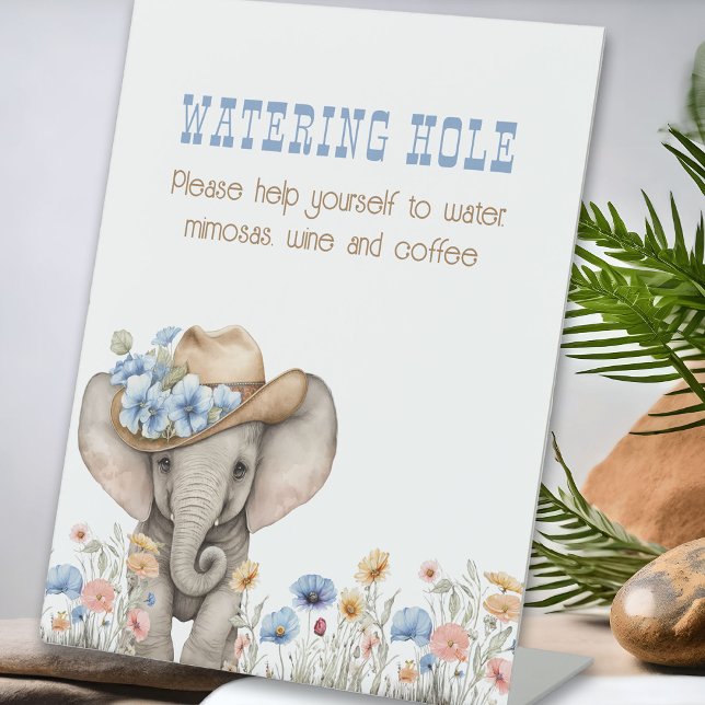Boho Cowboy Elephant Baby Shower Watering Hole Pedestal Sign (Bar Sign from the Boho Elephant Baby Shower Collection by Darling & May)