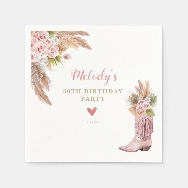 Boho Cowgirl Boot Pampas Grass Roses Birthday Napkin (Front)