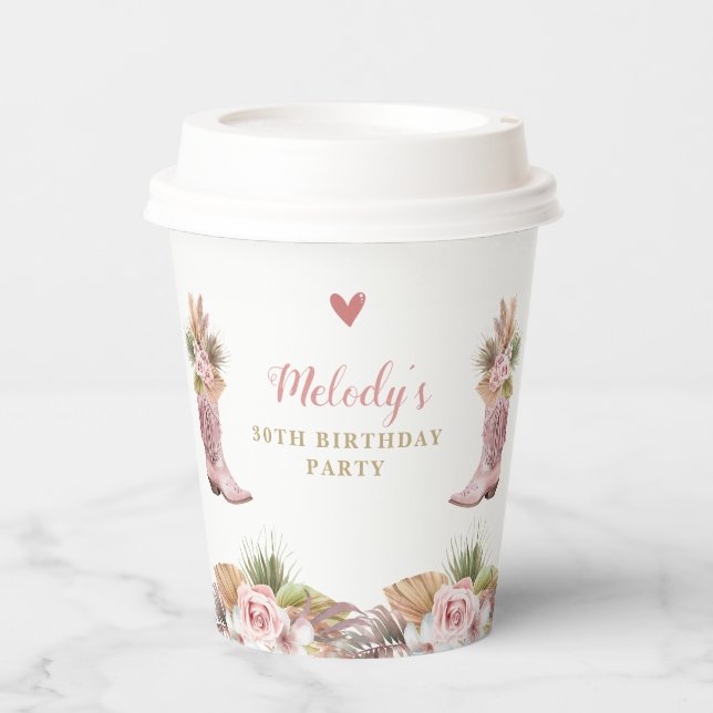 Boho Cowgirl Boot Pampas Grass Roses Birthday Paper Cups (Front)