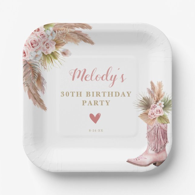 Boho Cowgirl Boot Pampas Grass Roses Birthday Paper Plate (Front)