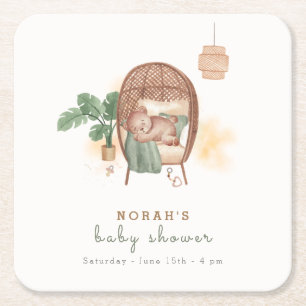 Boho Cozy Teddy Bear Sleep Baby Shower  Square Paper Coaster