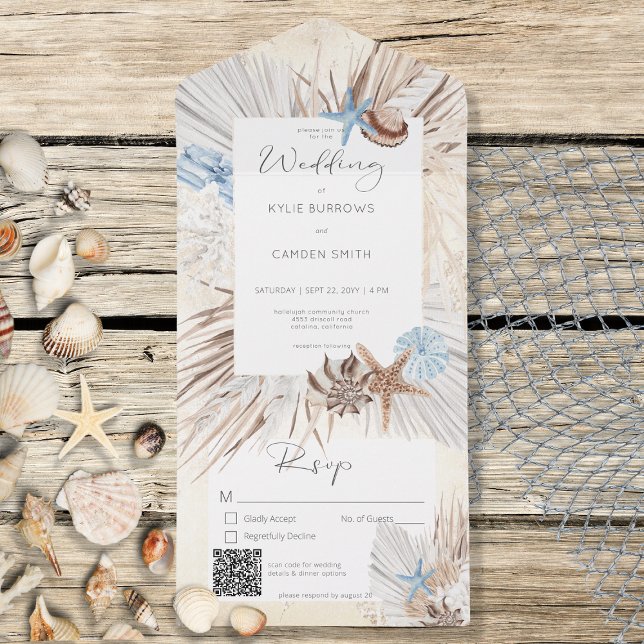 Boho Cream Beach Rustic QR Code All In One Invitation (Creator Uploaded)