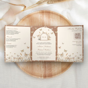 Boho Cream Beige Wildflower Butterfly Arch Wedding Tri-Fold Invitation