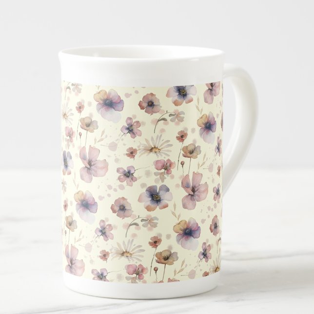 Boho Cream Blush Watercolor Wildflower Bone China Mug (Creator Uploaded)