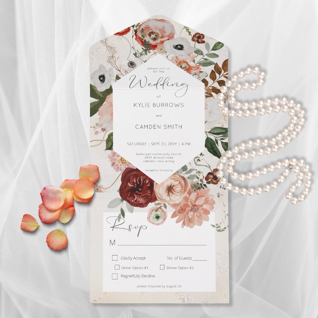Boho Cream Burgundy Fall Floral Dinner All In One Invitation (Creator Uploaded)
