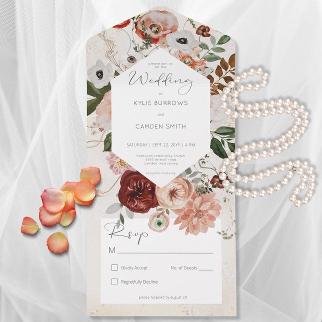 Boho Cream Burgundy Fall Floral No Dinner All In One Invitation (Creator Uploaded)