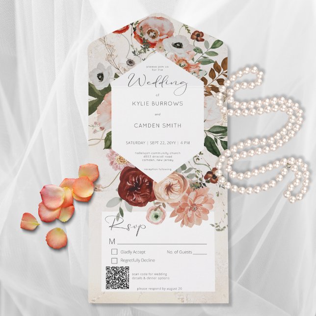Boho Cream Burgundy Fall Floral QR Code All In One Invitation (Creator Uploaded)